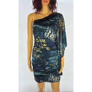 y2k One Shoulder Mini Dress‎ MEDIUM Blue Animal Print Ruched Bodycon Party Club